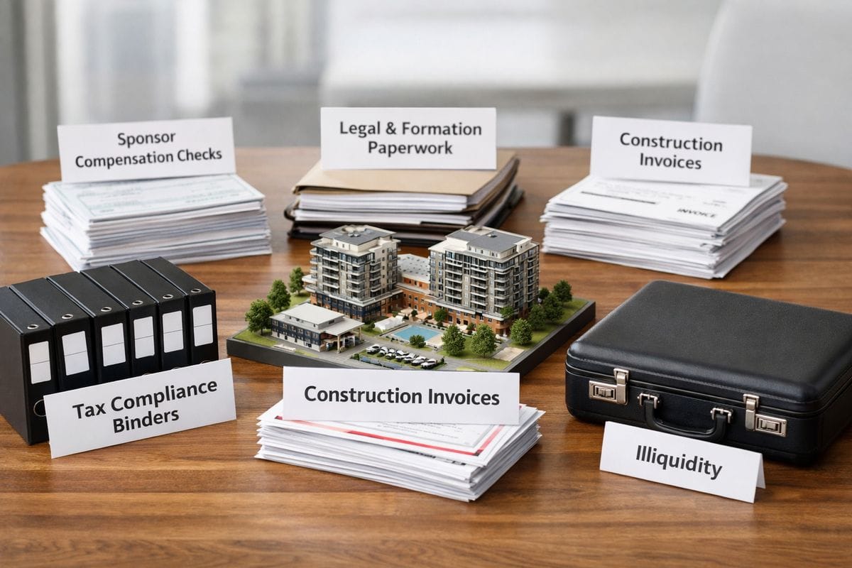 Five labeled piles of costs arranged on a tabletop around a small scale model of a development project: sponsor compensation checks, legal and formation paperwork, construction invoices, tax compliance binders, and a locked suitcase representing illiquidity