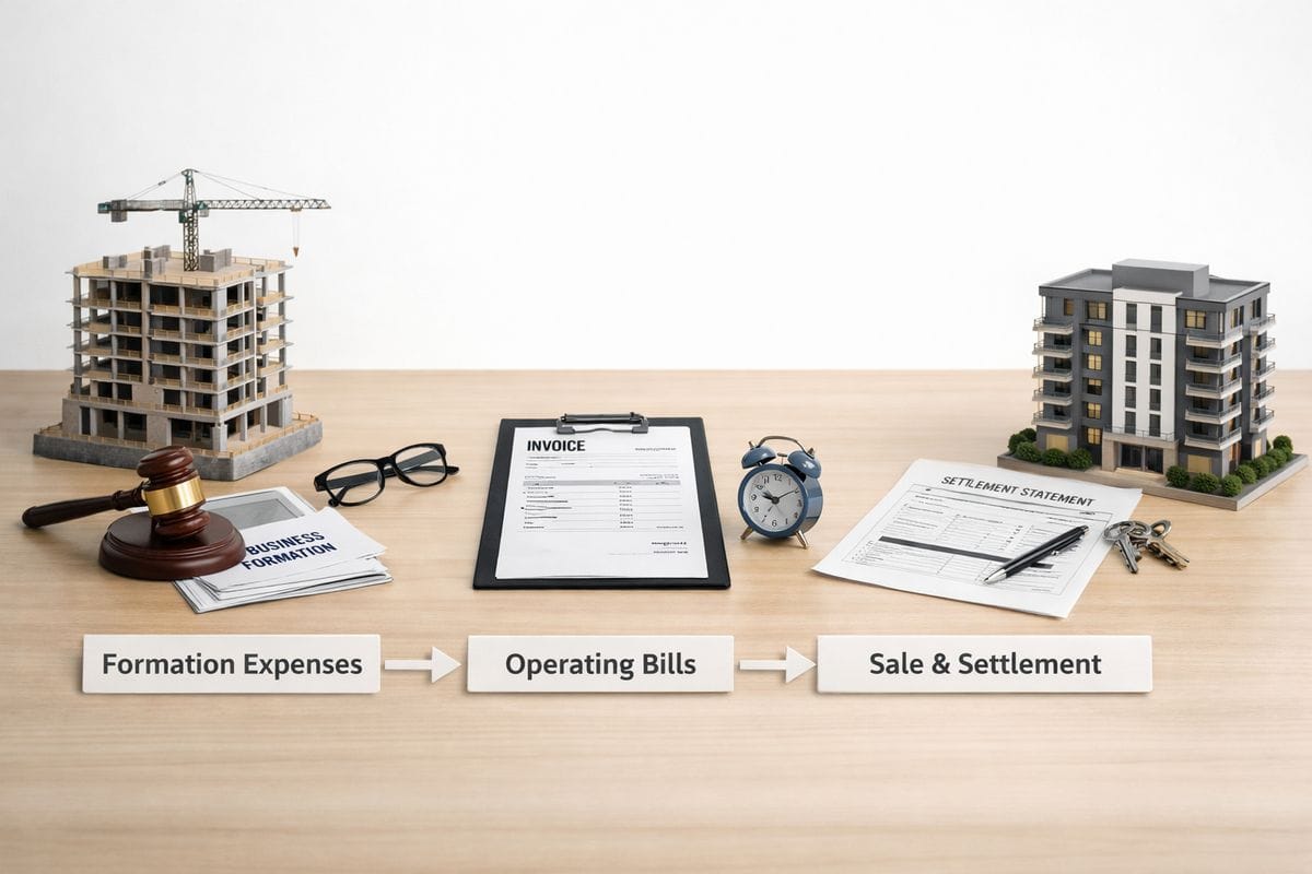 A timeline laid out from left to right showing upfront formation expenses, annual operating bills, and a final sale-stage settlement statement beside a miniature apartment building under construction and a completed building at the end