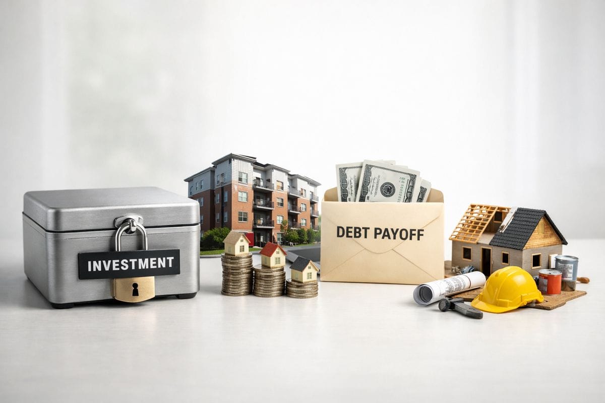 A locked investment box sitting beside several alternative real estate opportunities, including a cash-flowing rental building, a debt payoff envelope, and a separate property renovation project waiting for capital
