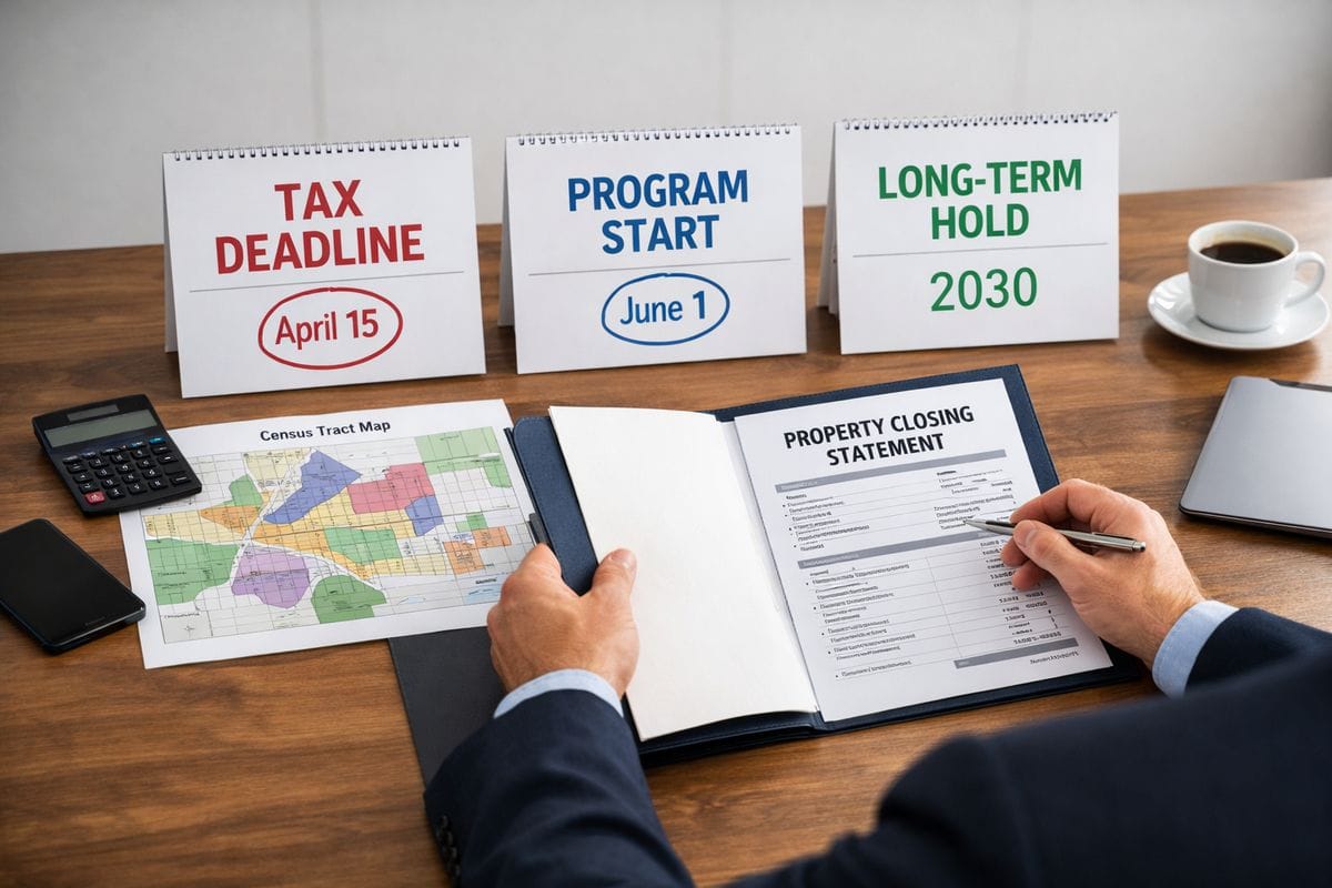A real estate investor at a desk reviewing three separate calendar pages and a transaction folder, with one page marked for a tax deadline, one for a future program start date, and one for a long-term hold horizon, alongside a property closing statement and a map of census tracts