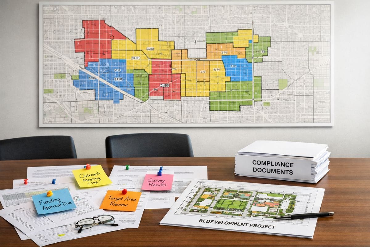 A large wall map of neighborhood blocks and census tracts with several highlighted areas, pinned notes spread across a conference table, and a stack of compliance documents next to a site plan for a redevelopment project