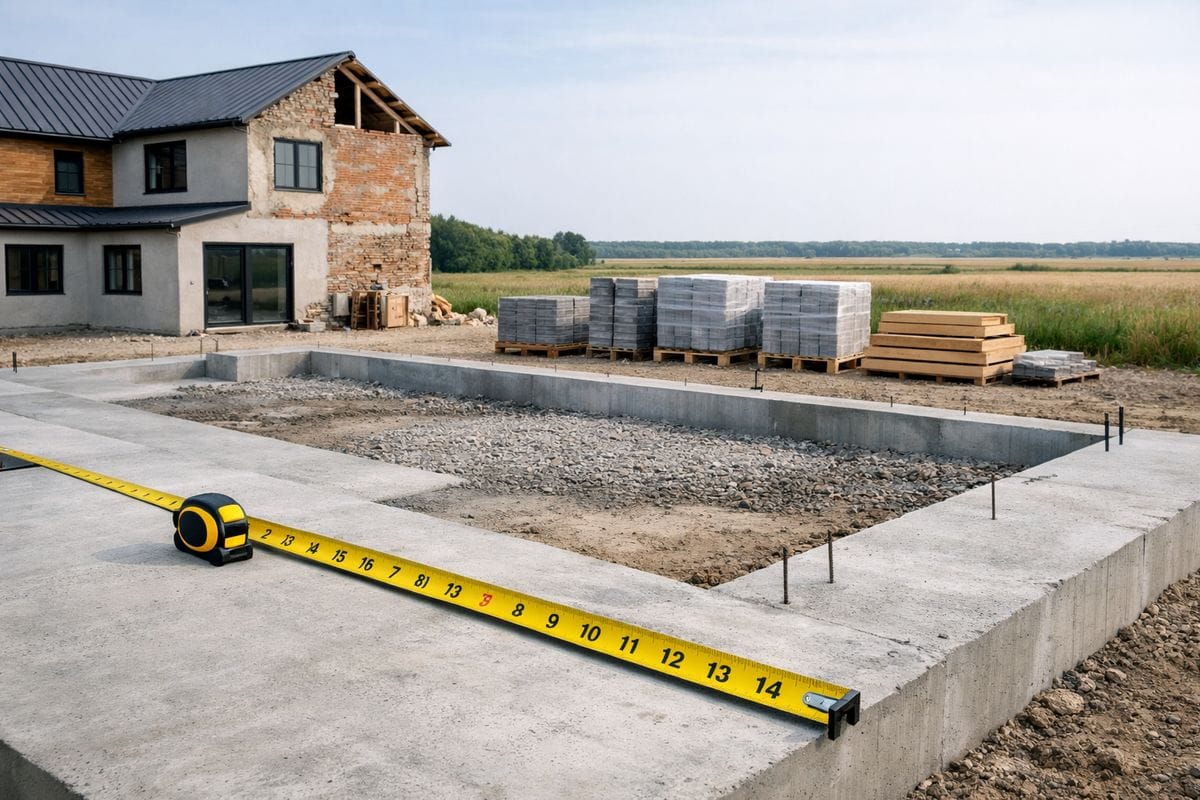 A rural mixed-use development site with a partially renovated building, open fields in the background, construction materials stacked beside the structure, and a site inspection measuring tape laid across a foundation area