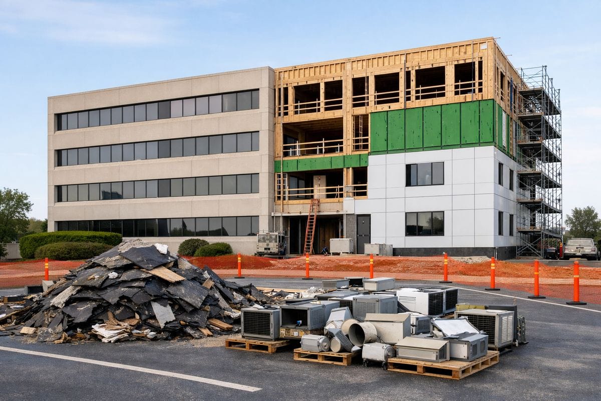 A construction site scene showing an existing mid-rise building with one side under renovation, piles of removed roofing and HVAC equipment on the ground, fresh framing and new exterior materials going up, and a site boundary marking the building separately from the surrounding paved lot and landscaping.