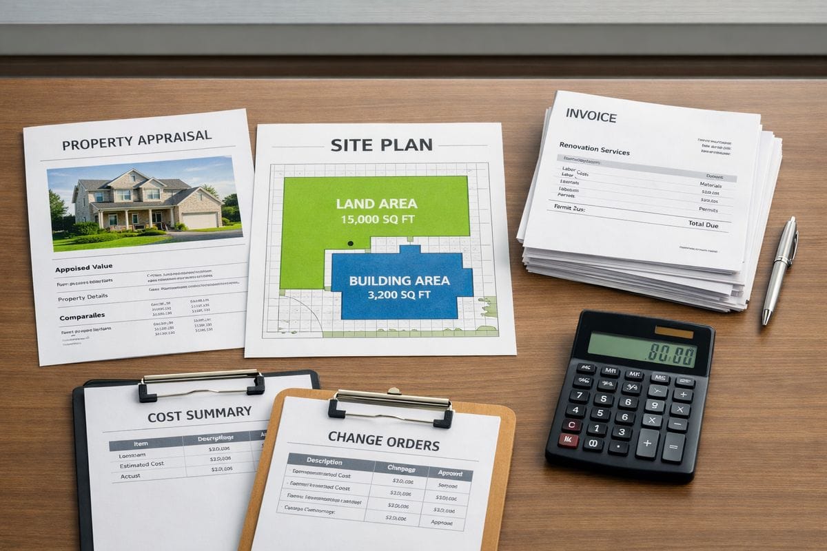 A real estate closing table with a property appraisal, a site plan splitting land and building areas, an invoice stack for renovation work, and a calculator beside neatly organized cost records and contractor change orders.