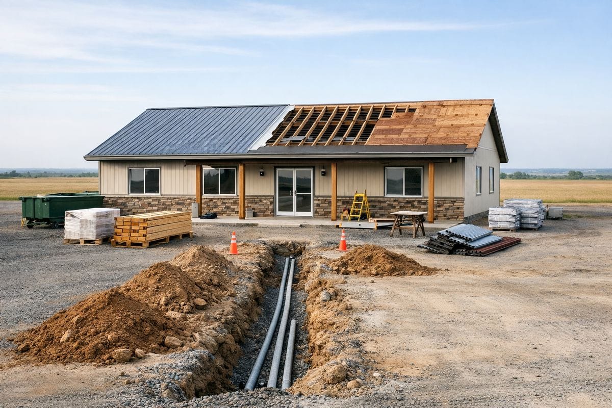 A small rural commercial building undergoing renovation, with construction materials, a partially replaced roof, a new utility trench, and open land stretching around the property, suggesting a lower-cost redevelopment project in a remote setting.