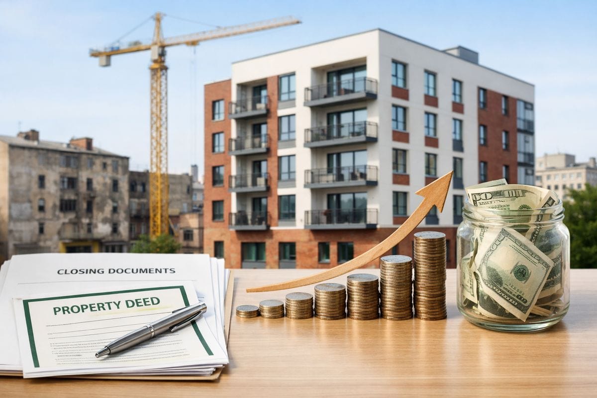 A newly renovated apartment building in a distressed urban neighborhood, with a visible construction crane in the background, a stack of closing documents and a property deed on a table in the foreground, and a line of coins turning into a growing arrow beside a glass jar holding reinvested cash