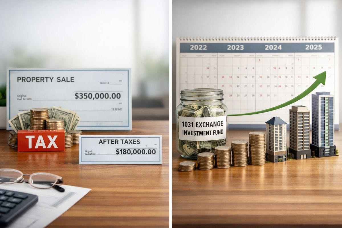 Two side-by-side real estate investment scenes: one showing a check from a property sale shrinking after a large tax payment, and the other showing the full sale amount being placed into a fund that grows into a larger building over time, with a calendar in the background spanning several years and a cash flow chart implied by stacked coins and rising property value