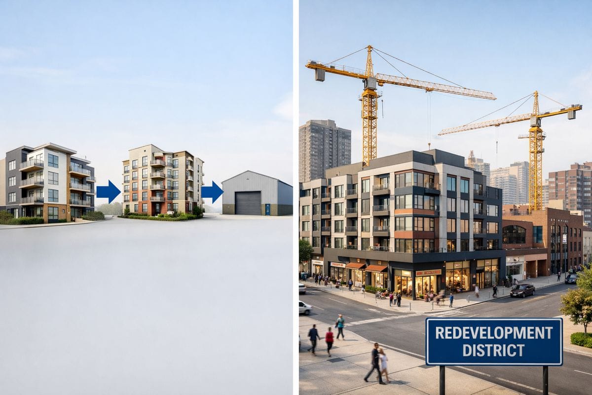 A split scene showing two different real estate investment paths: on one side, a row of apartment buildings and a warehouse connected by arrows moving from one property to another; on the other side, a city block inside a designated redevelopment district with a mixed-use project and construction cranes representing a pooled fund investment in a low-income neighborhood.