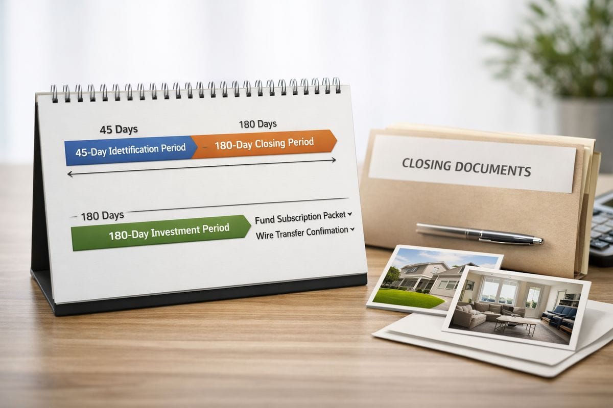 A desk calendar with two highlighted timelines beside a folder of closing documents and property photos, one timeline showing a 45-day identification window followed by a 180-day closing window for a property exchange, and the other showing a single 180-day window leading into a fund subscription packet and a wire transfer confirmation.