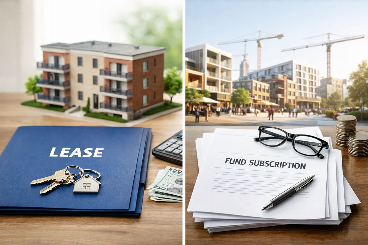 A side-by-side investment decision scene with a stabilized rental building producing steady cash flow on one side and a long-term redevelopment project in a designated neighborhood on the other, with a stack of keys, a lease folder, and a fund subscription package arranged to contrast direct property ownership with passive fund-based investing.