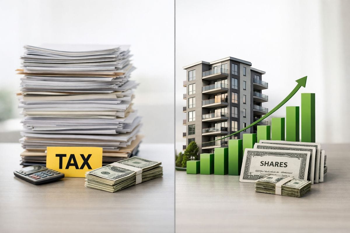 A side-by-side financial comparison scene with a stack of papers representing an inherited or realized gain on one side and a growing real estate fund position on the other, shown as a modern apartment building and rising value bars next to a separate pile of stock certificates or share icons with a smaller ending pile of cash, emphasizing that one investment grows tax-free after a long hold while the other is taxed at sale