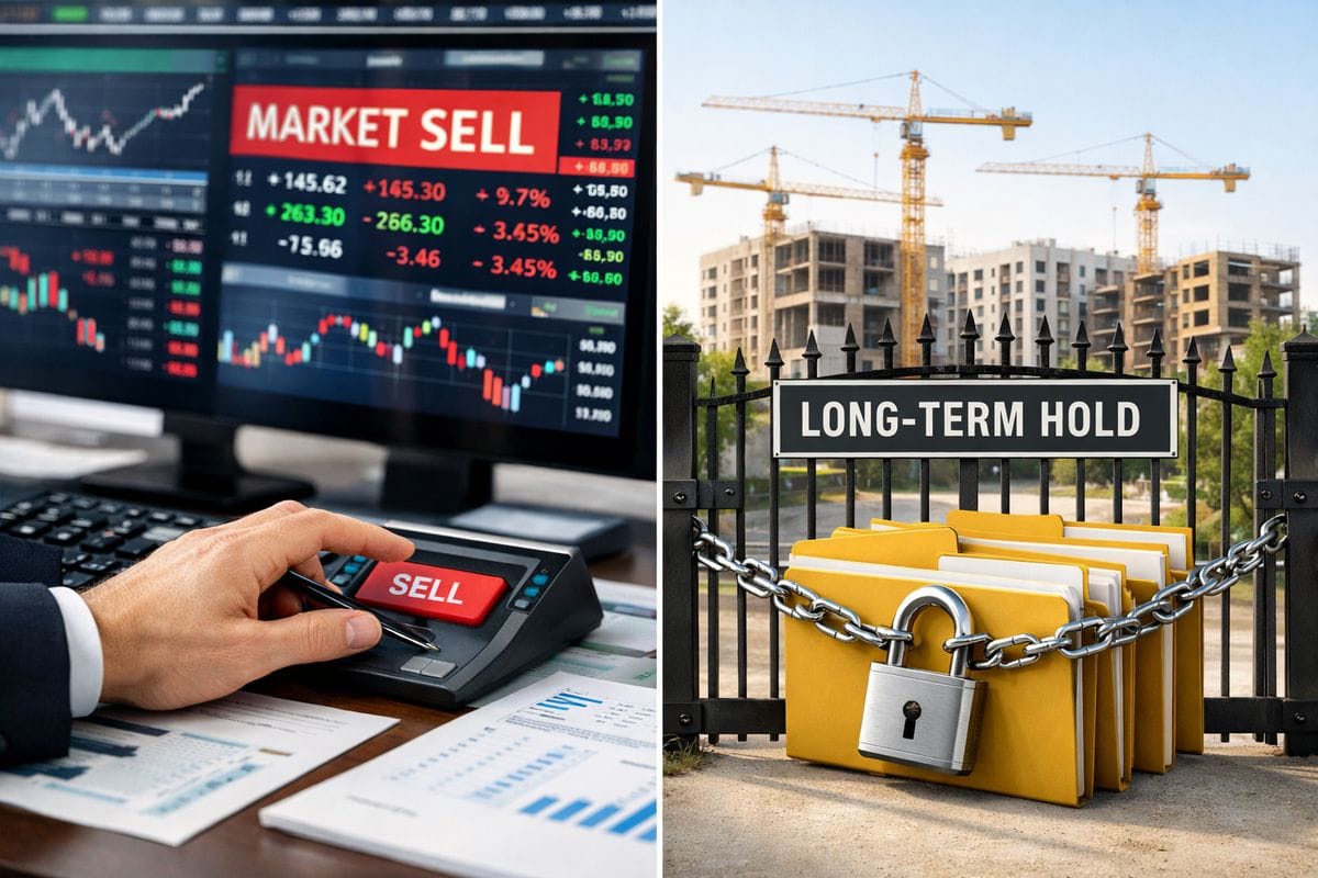 A split scene showing a public stock exchange trading floor on one side with rapidly changing market screens and a hand quickly placing a sale order, and on the other side a private real estate development tied up behind a closed gate with construction cranes, locked file folders, and a long-term hold feel, illustrating how stocks can be sold quickly while Opportunity Zone investments are difficult to exit