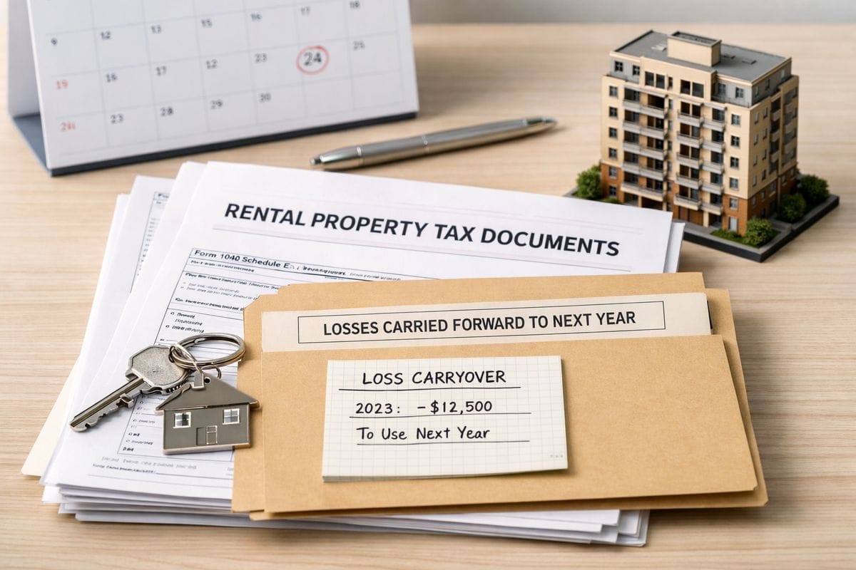 A stack of rental property tax documents on a desk, with a calendar and a small paper ledger showing losses being set aside in a folder for a future year, alongside a house key and miniature apartment building model