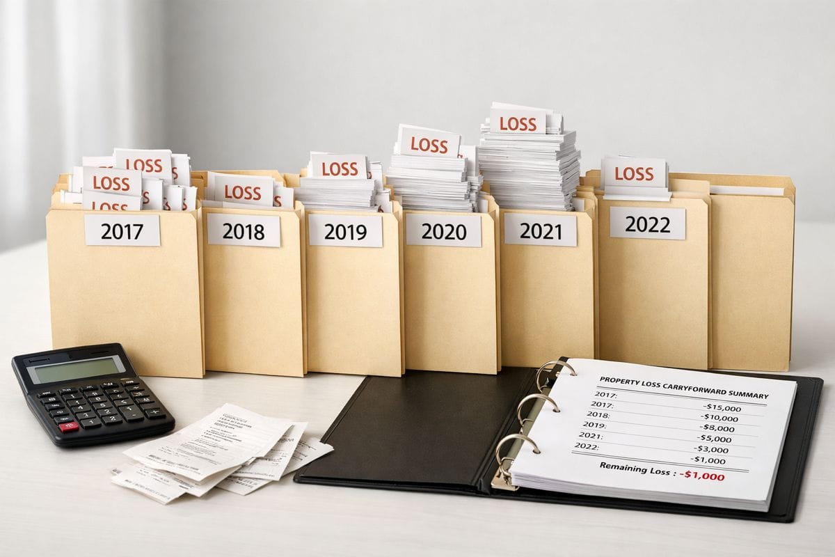 A sequence of manila folders arranged in a row, each labeled by year with paper loss slips moved from one folder to the next, next to a calculator, receipts, and a binder of property records showing a loss being carried forward over time