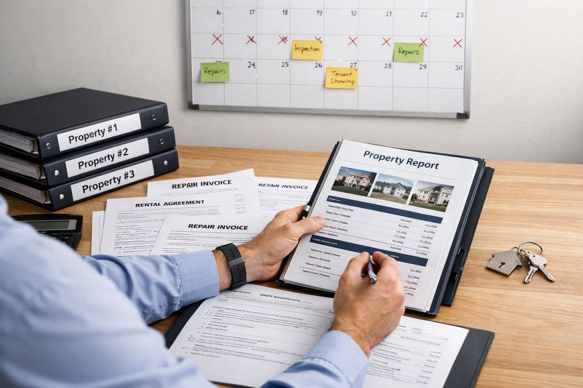 A real estate investor reviewing property binders spread across a table beside a wall calendar filled with marked workdays, repair invoices, lease documents, and a set of house keys, showing organized time tracking across multiple rental properties