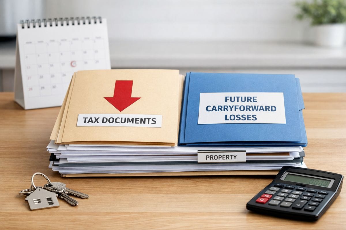 A stack of property paperwork on a kitchen table beside a calendar, rental keys, and a calculator, with one folder showing a red downward arrow from tax documents and another folder marked for future carryforward losses