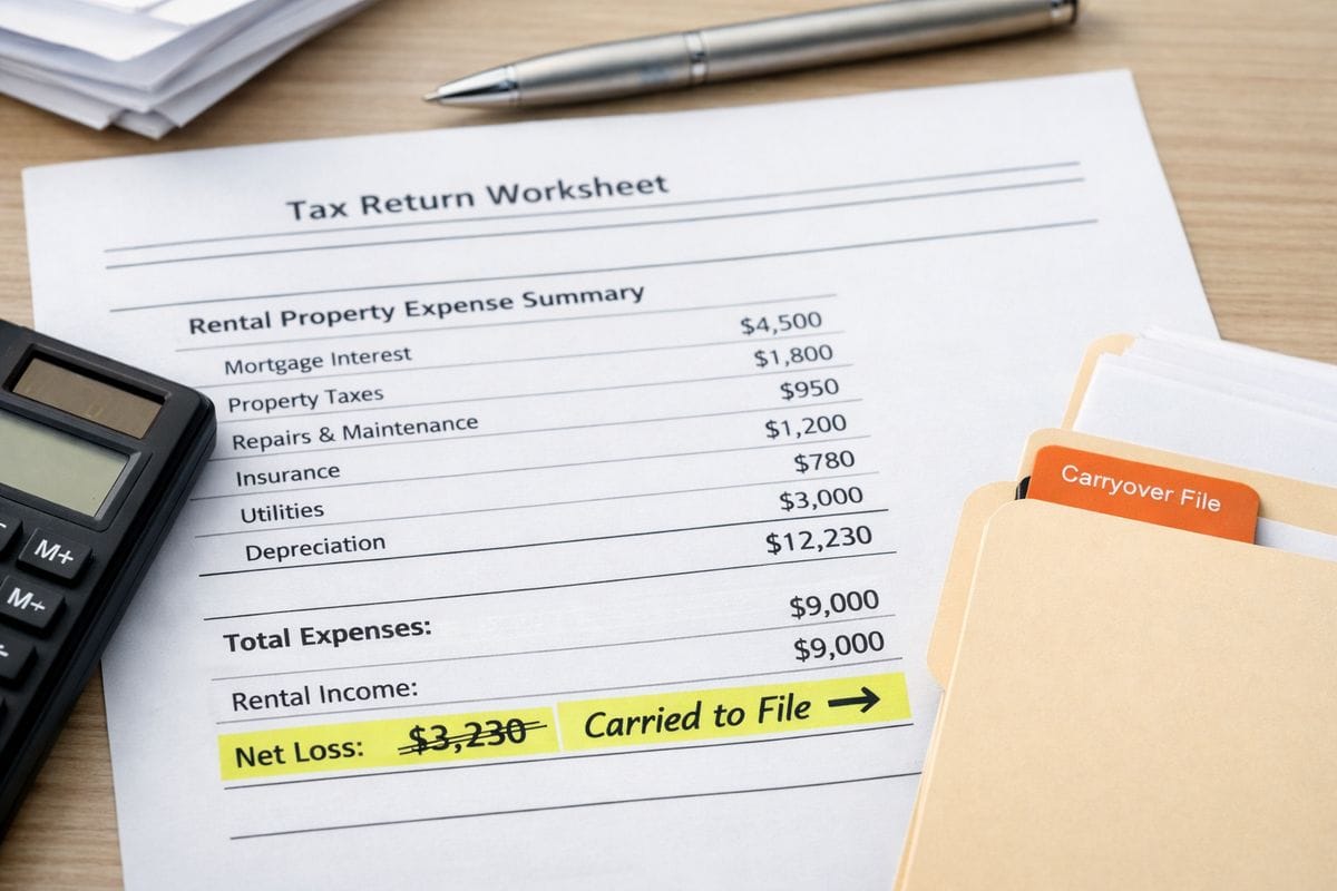 A close-up of a tax return worksheet spread across a desk with a rental property expense summary, a calculator, and a highlighted section where part of a loss is crossed out and set aside into a separate file tab