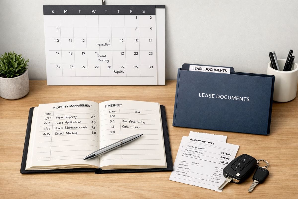 A home office scene with a wall calendar, a timesheet notebook filled with daily property management entries, a folder of lease documents, and a car key next to repair receipts, showing organized tracking of real estate work hours