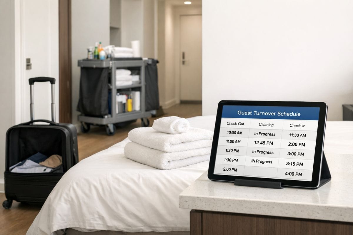 A vacation rental apartment with an open suitcase by the door, fresh towels on the bed, a cleaning cart in the hallway, and a tablet on the counter displaying a guest turnover schedule, emphasizing a rapidly changing rental setup