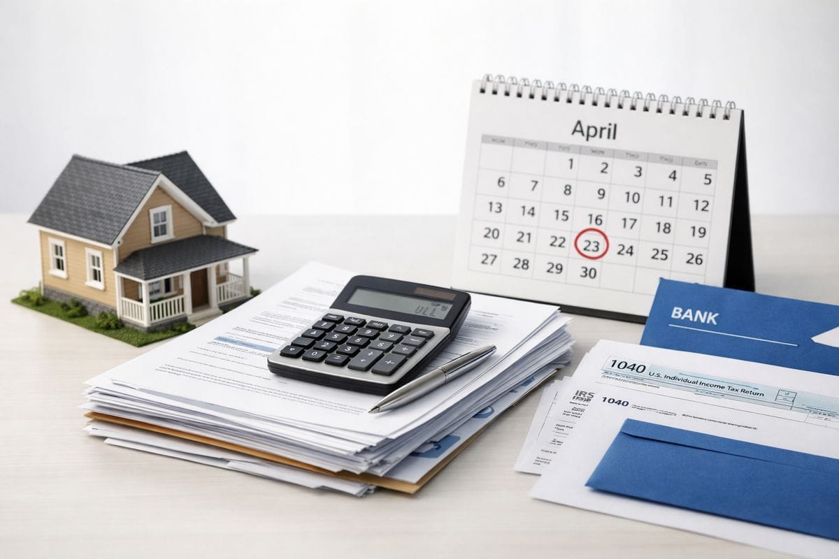 A rental house sitting beside a stack of financial papers and a calculator, with a calendar, tax forms, and a bank envelope nearby to show the property, account rules, and tax consequences tied together