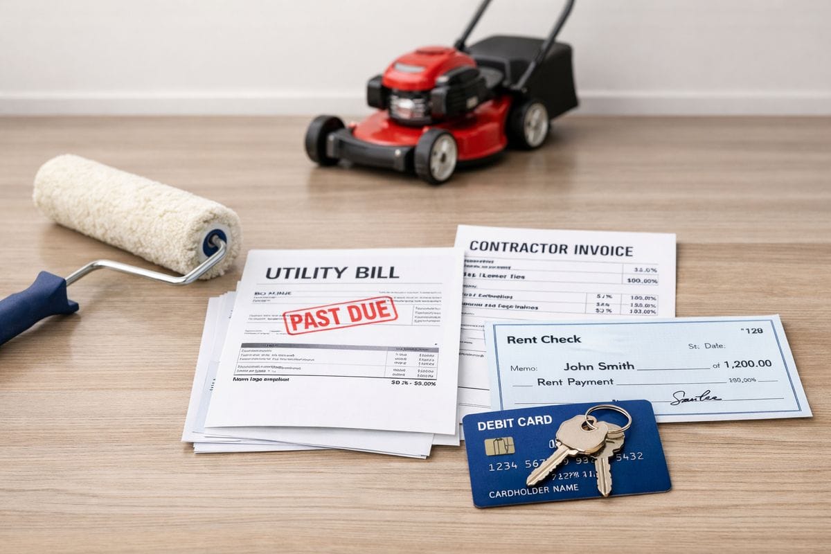 A real estate property with scattered items that suggest improper personal use and expense handling: a paint roller, lawn mower, utility bills, a rent check, contractor invoices, and a set of house keys resting on a personal debit card