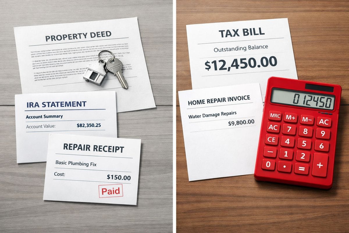 A split tabletop scene with a property deed, an IRA statement, a repair receipt, and a large red calculator next to a tax bill, showing how a small repair shortcut can lead to a much larger financial loss