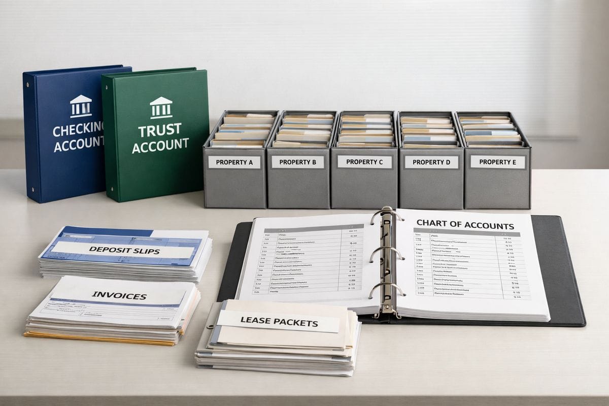 A neatly organized property management setup with separate checking and trust accounts shown as distinct bank folders, a row of labeled file trays for several rental properties, and a chart of accounts binder open beside stacks of deposit slips, invoices, and lease packets