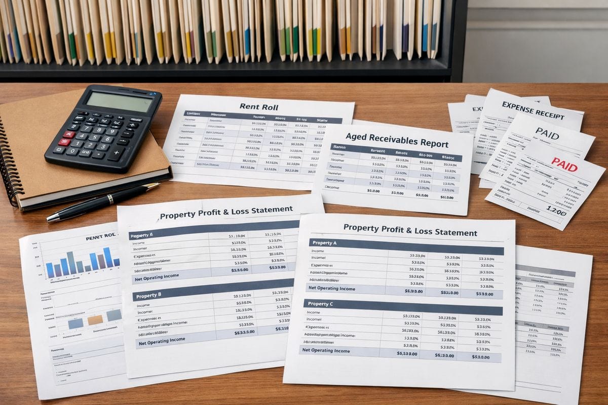 A desk covered with printed property financial reports, a rent roll sheet, an aged receivables report, and several property-by-property profit statements arranged next to a calculator and a notebook, with a wall of filing folders and a few marked expense receipts nearby to show monthly review and portfolio comparison
