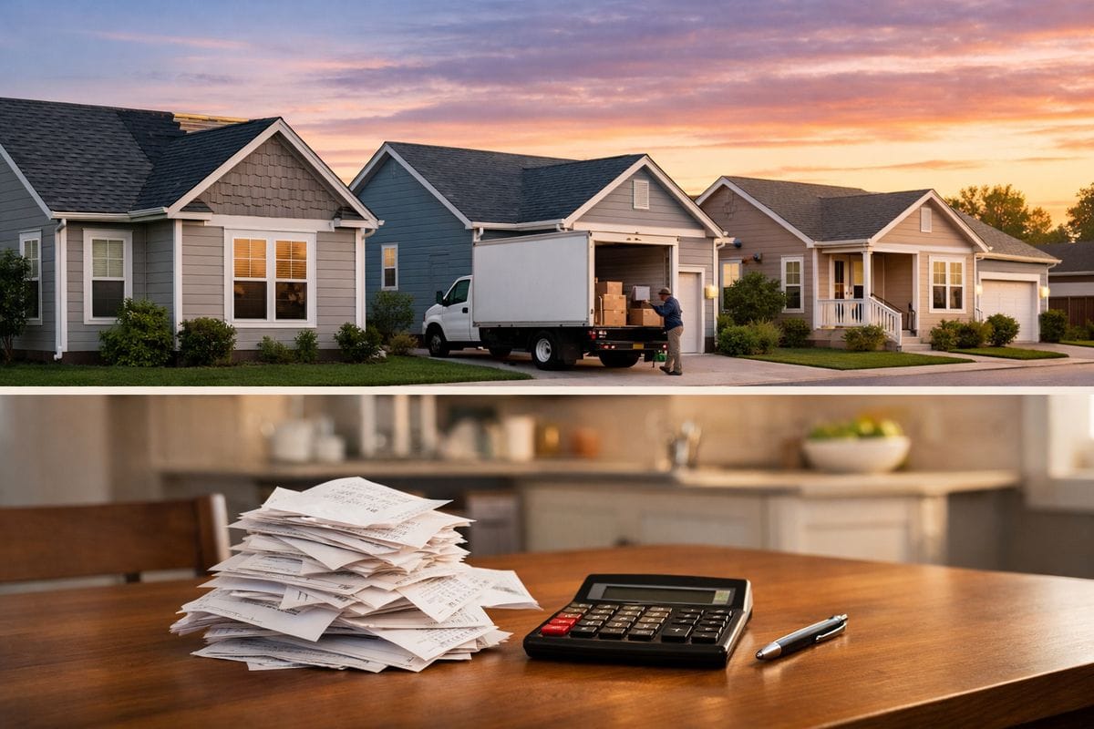 A row of small residential rental homes at sunset with one house showing a repaired roof section, another with a moving truck in the driveway, and stacks of receipts and a calculator on a kitchen table inside the foreground house
