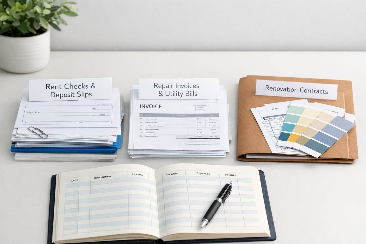 A close-up tabletop scene with three piles of rental paperwork: rent checks and deposit slips, repair invoices and utility bills, and a folder of renovation contracts with paint swatches, all arranged beside a ledger notebook