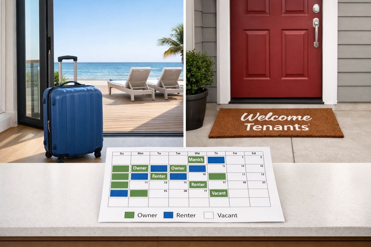 A split view of a seaside vacation house and a suburban duplex, with a calendar on a counter marked by tenant stays, owner weekends, and vacant days, plus a suitcase near the vacation home doorway and a tenant welcome mat at the duplex