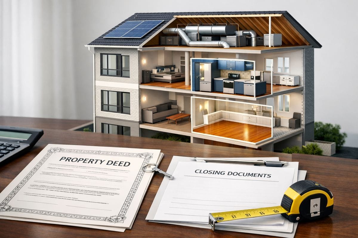 A residential rental building with a transparent cutaway showing the roof, HVAC system, appliances, and flooring highlighted as separate assets, alongside a property deed, closing documents, and a measuring tape spread across a desk