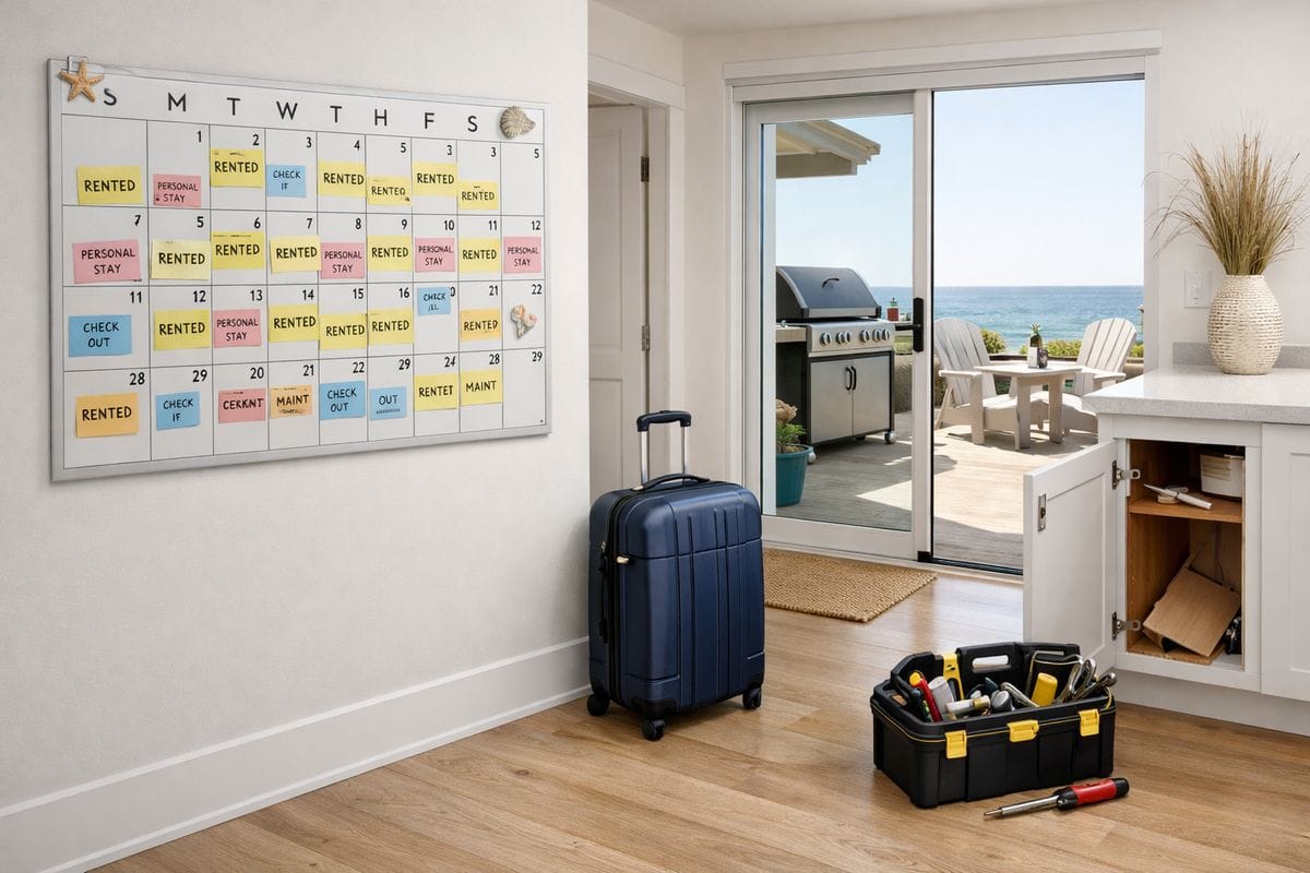 A beach house interior with a wall calendar covered in rental dates and personal stays, a suitcase by the entrance, a maintenance toolbox near a broken cabinet, and a view of the patio showing a barbecue setup and tenant chairs