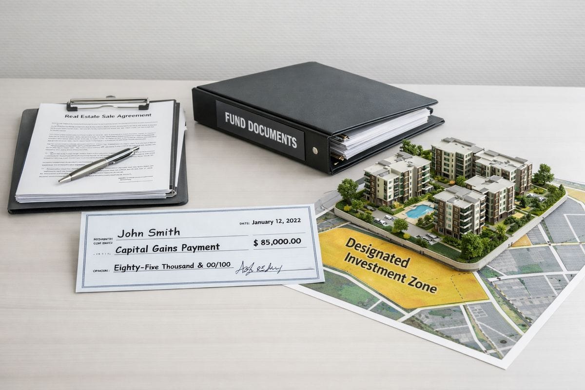 A real estate closing table with a stack of sale documents, a check representing capital gains, and a binder of fund paperwork beside a miniature model of an apartment development inside a designated investment zone map