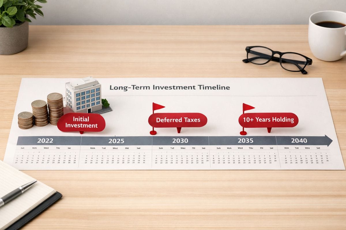 A long-term investment timeline laid out on a desk with three marked milestones, a growing stack of coins next to a small building model, and a calendar stretched across many years to show deferred tax and decade-long holding