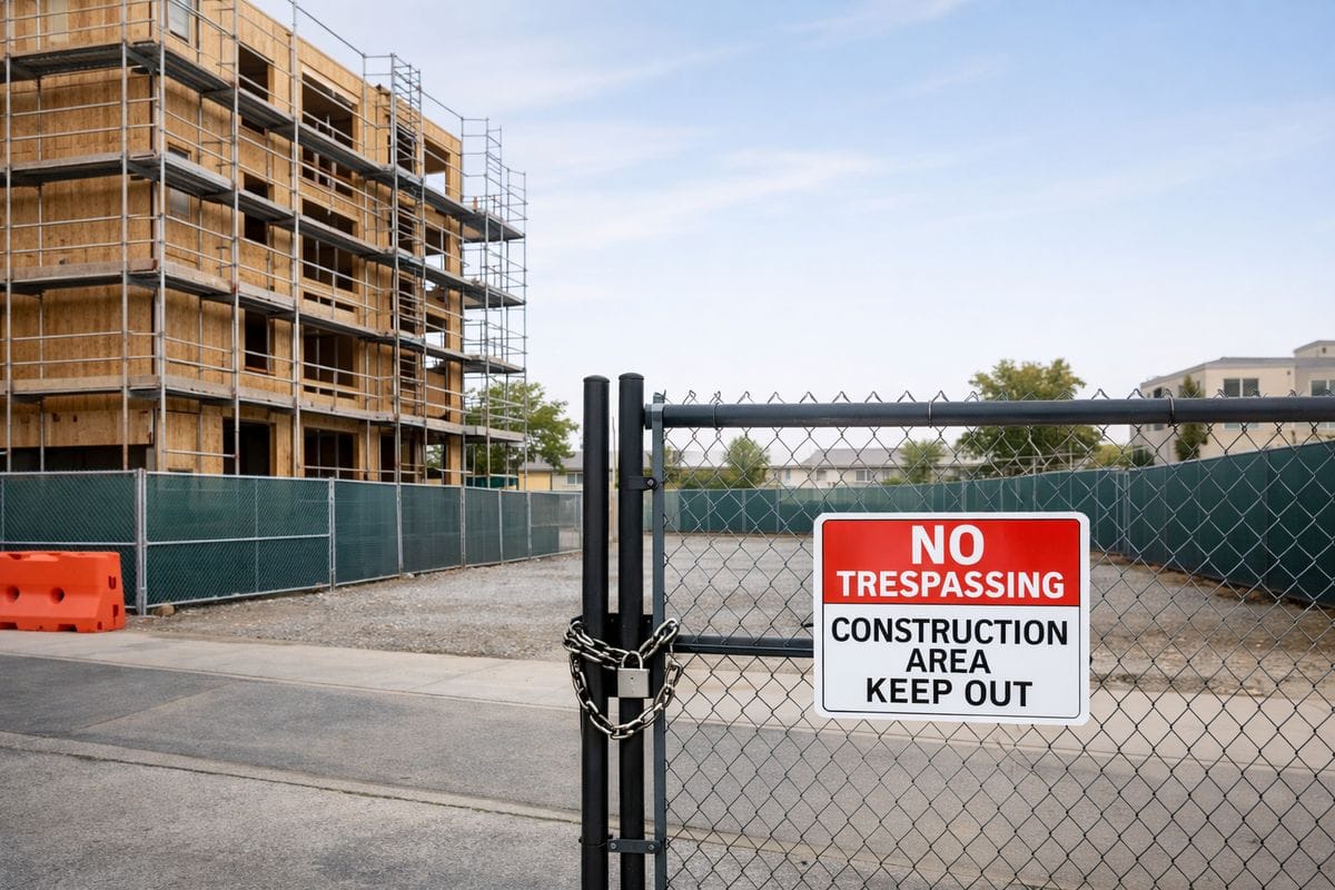A partially completed construction site in an urban neighborhood with scaffolding, a delayed multifamily building frame, a secured empty lot nearby, and a locked gate suggesting illiquidity and project risk