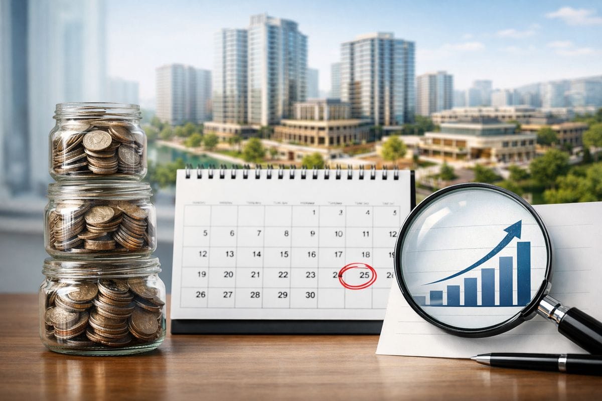 A stack of coin-filled glass jars on a desk beside a calendar with one future date circled, a growth-oriented real estate development rendering in the background, and a magnifying glass over a rising line chart to show deferred gains, long holding periods, and tax-favored appreciation