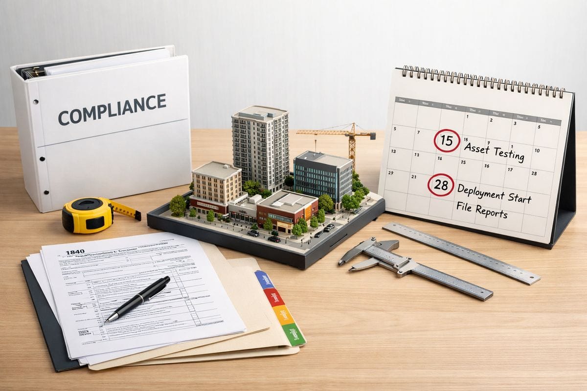 A compliance binder open on a desk next to a completed tax form, a folder tabbed with checklists, and a tabletop model of a mixed-use development surrounded by measuring tools and a calendar marked at two testing dates, showing asset testing, deployment timing, and filing requirements
