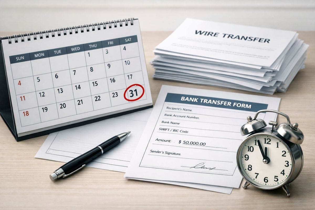 A desk calendar spread open with one date circled in red, a stack of wire transfer documents beside it, a bank transfer form mid-process, and a pen placed next to a small alarm clock, showing a last-day funding deadline being counted carefully