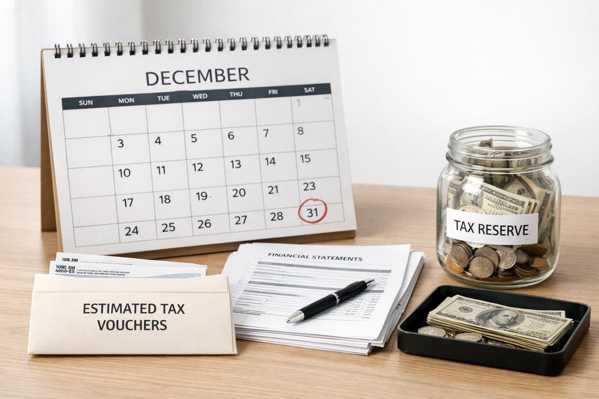 A tax planning scene with a paper calendar flipped to the end of the year, a stack of financial statements, an envelope of estimated tax vouchers, and a jar or tray set aside for cash reserves, suggesting preparation for a mandatory future tax bill