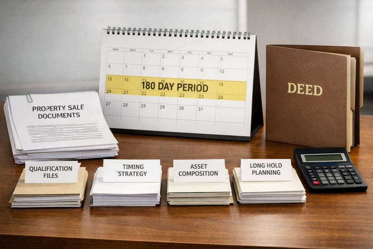 A real estate closing table with stacked property sale documents, a calendar marked with a highlighted 180-day window, a deed folder, a calculator, and a set of mixed asset files organized into separate piles to show qualification, timing, asset composition, and long holding period planning
