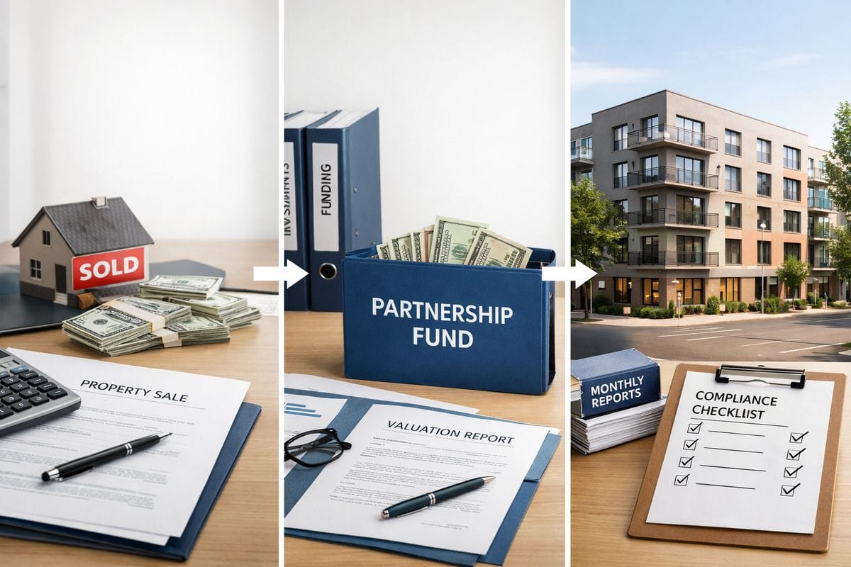 A sequence-style investment workflow scene showing cash from a property sale moving into a partnership fund folder, then into a renovated building in a designated neighborhood, with nearby binders, valuation papers, and compliance checklists arranged to represent funding, deployment, and ongoing reporting