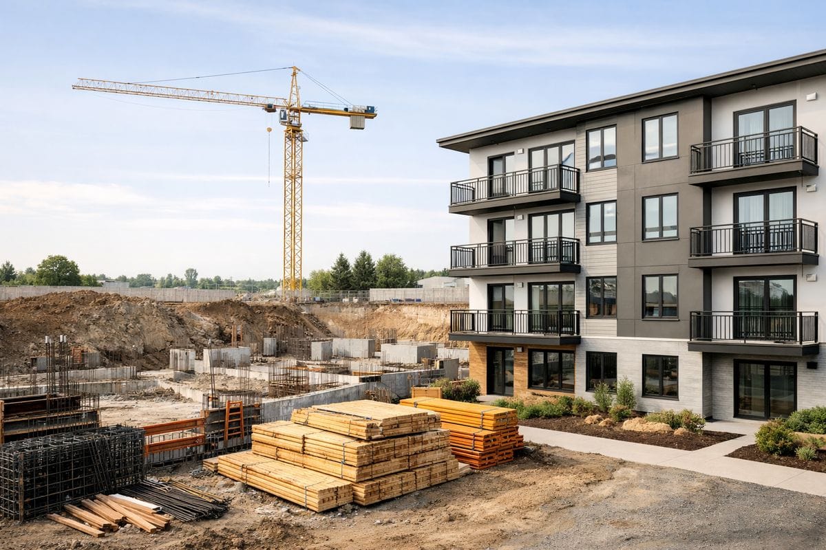 A real estate development site with a partially excavated lot, stacked lumber, concrete forms, and a crane in the background, alongside a nearby renovated apartment building showing fresh exterior finishes and new windows, illustrating the flow from capital gain reinvestment into ground-up development and redevelopment over a long project timeline.