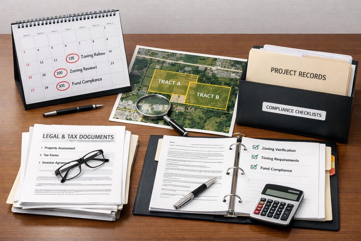A desk covered with organized legal and tax documents, a calendar marked with critical deadline dates, a property map with tract boundaries highlighted, and a binder with compliance checklists beside a folder of project records, showing the workflow of verifying zone status, tracking timing requirements, and maintaining fund compliance.