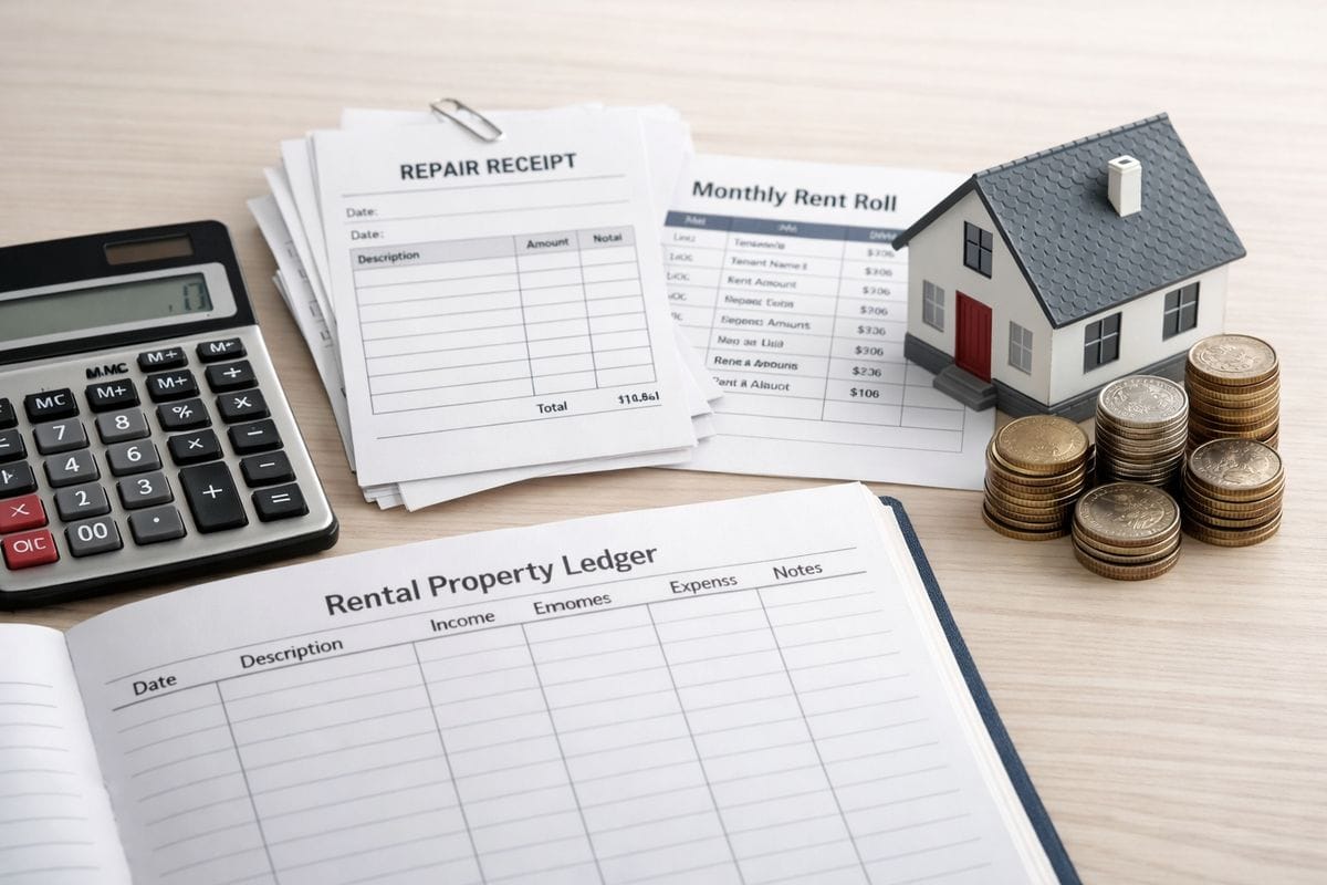 A close-up scene of a rental property ledger next to a calculator, a stack of property repair receipts, a monthly rent roll sheet, and a model house with coins arranged beside it, showing the connection between income tracking, expenses, and after-tax returns.