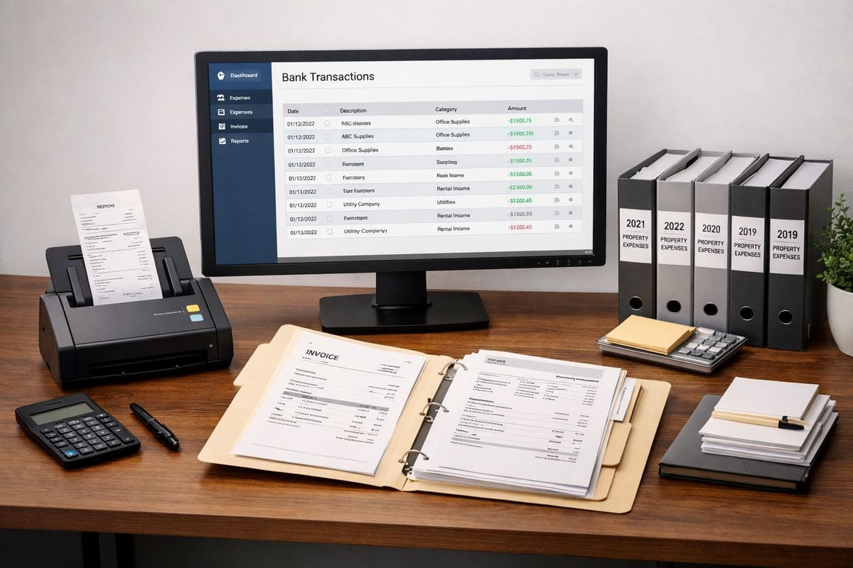 A desktop accounting setup with a bank transaction feed displayed on a monitor, a receipt scanner feeding paper invoices into a digital archive, an open folder of scanned documents, and an organized stack of property expense records, illustrating automated bookkeeping and document capture.