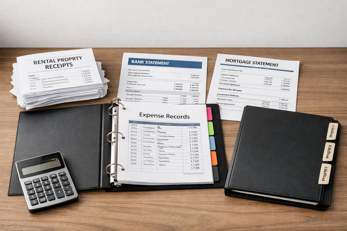 A neatly organized desk with a stack of rental property receipts, a binder of expense records, a bank statement, a mortgage statement, and a calculator beside a folder labeled for different properties, showing the shift from scattered paperwork to organized tax records.