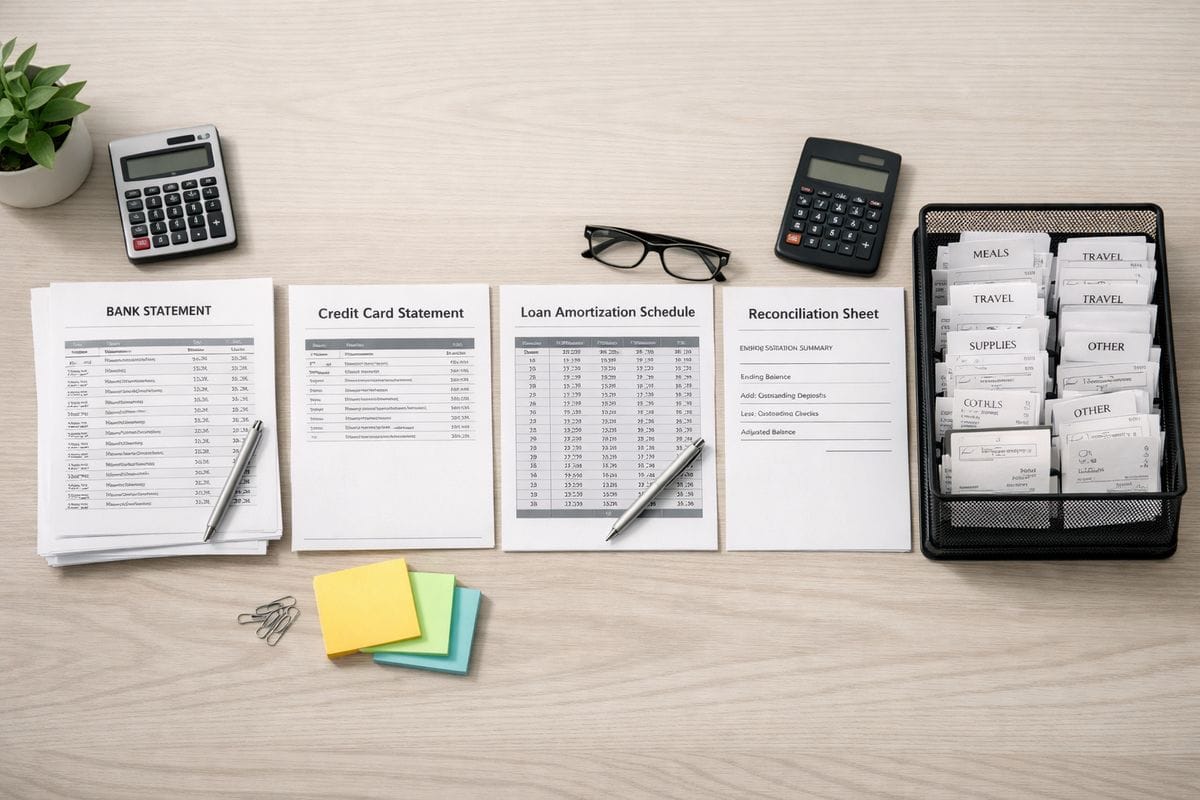 An overhead view of a month-end bookkeeping workspace with printed bank statements, a credit card statement, a loan amortization schedule, a reconciliation sheet, and a file tray of sorted receipts arranged in a step-by-step closing workflow.