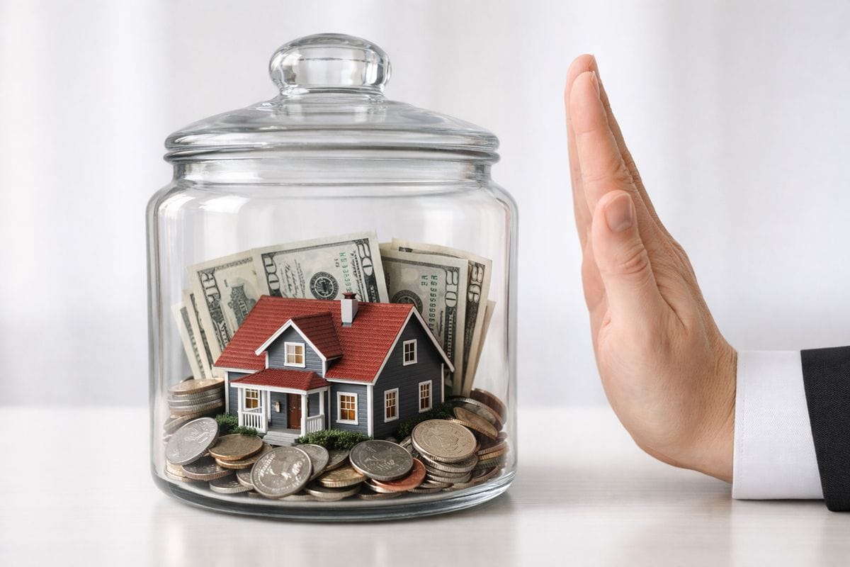 A sealed glass container holding a small rental house model, with coins and paper bills inside the container and a hand stopped outside the glass, emphasizing that the property and money stay inside a separate retirement account boundary