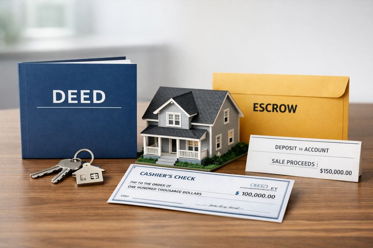 A property closing scene with a deed packet, a set of keys, a cashier's check, an escrow envelope, and a rental house model on a table, showing the flow from purchase to rent collection and eventual sale proceeds returning to the account